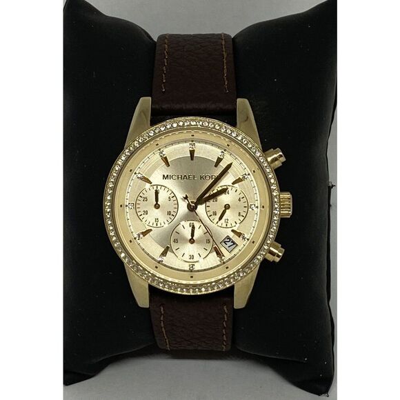 Michael Kors Ritz MK6328 Women Brown Leather Gold Analog Dial Quartz Watch Y214 - Picture 1 of 12